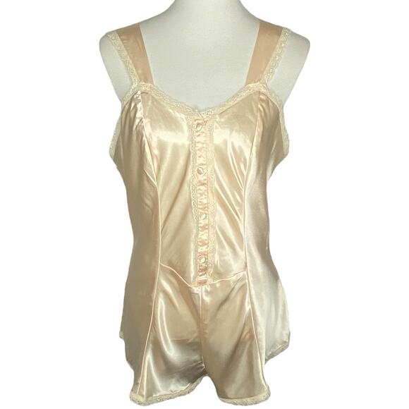 Vintage Satin Romper Teddy Lingerie Beige Bodysuit Large USA Coquette Romantic - Picture 1 of 16